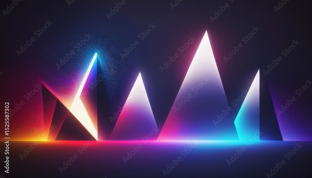 Poster futuristic glowing triangle with neon light edges and vibrant gradient colors on dark textured background for tech branding, digital art, or web design asset

