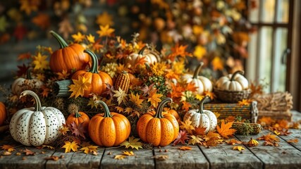 Rustic Autumn Harvest Bounty with Pumpkins and Corn
