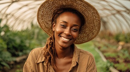 Smiling woman with braids in greenhouse on farm