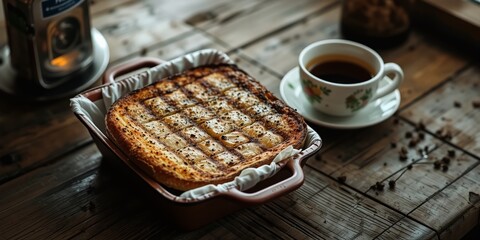 Rustic Breakfast Scene: Grilled Bread & Coffee on Wood