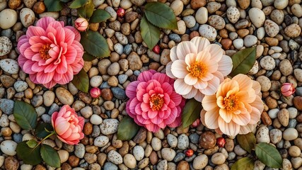 Rustic Camellia Flat Lay on Pebble Background, Sunset Hues