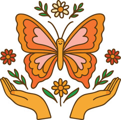 Whimsical Butterfly with Open Hands and Flowers – Boho Nature Illustration
