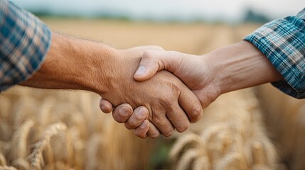 Two Hands Shake over Wheat Field