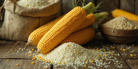 Rustic Cornmeal and Cobs on Wooden Table - AI Art