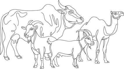 Cattle line drawing. cow, goat, sheep and camel. Eid al-Adha concept, the celebration of Muslim community festival design. Eid Mubarak greetings concept.