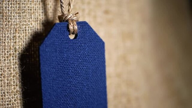 Close up of a blue tag hanging from a jute string against a burlap background in a studio setting