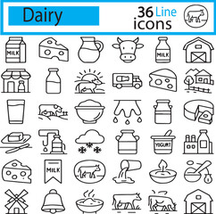 Dairy 36 line icons including milk production, cow, butter, farm, cheese, and many more