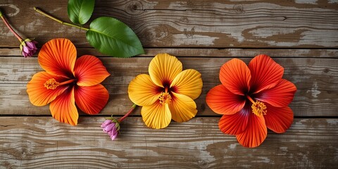 Rustic Hibiscus Flat Lay - Wooden Background Mood