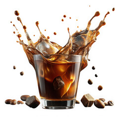 Iced coffee splash in glass with beans isolated on transparent background