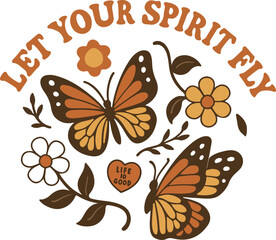 Retro Butterfly Quote Illustration – Let Your Spirit Fly with Floral and Heart Details