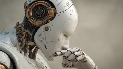 Fototapeta premium Futuristic humanoid robot pondering with paper in hand