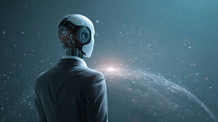 Futuristic Businessman in Suit and Helmet Observing Planet