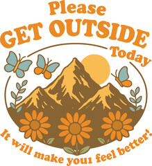 Nature Motivational Illustration – Get Outside Today Quote with Mountains, Sun, and Flowers