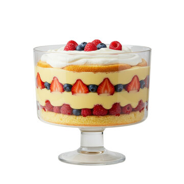 Classic British trifle with visible mixed berries, creamy custard, whipped cream, and sponge cake in a clear footed glass bowl on a transparent seamless studio background with soft lighting.