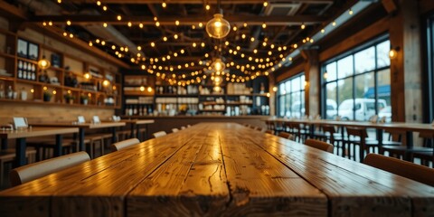 Rustic Restaurant Table Under Warm String Lights