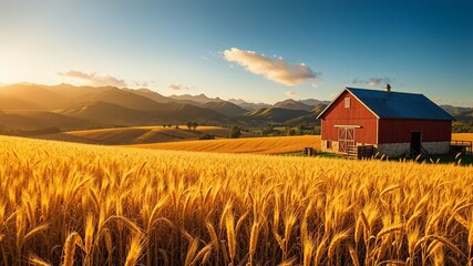 Rustic Red Barn in a Golden Wheat Field, Rolling Hills