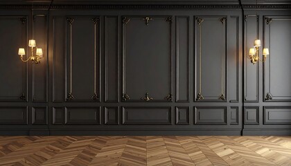 Dark, elegant room with wood floor and wall panels