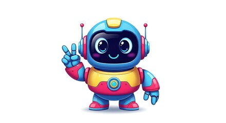 Fototapeta premium Friendly cartoon robot with big eyes and round body making a peace sign. Futuristic cute character on white background.