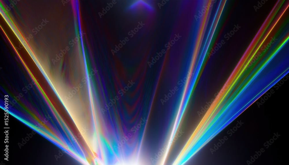 Poster abstract light beam burst with prismatic rainbow refractions on dark background, creating futuristic radiant rays for digital artwork, web design, poster print or tech branding graphic


