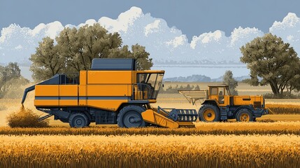 Obraz premium Yellow Harvester Truck Loading Crops on Field