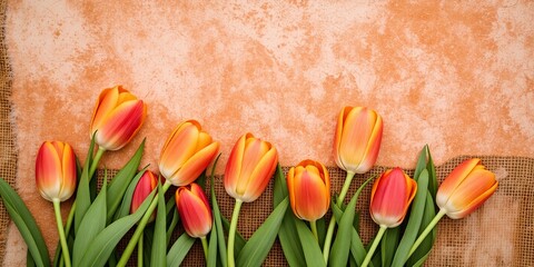 Rustic Tulip Arrangement, Burlap Background, Warm Hues