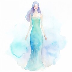 Watercolor illustration of an elegant woman in a graceful gown representing the Virgo zodiac sign