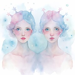 Watercolor illustration of two dreamy Gemini girls with star crowns and pastel colors