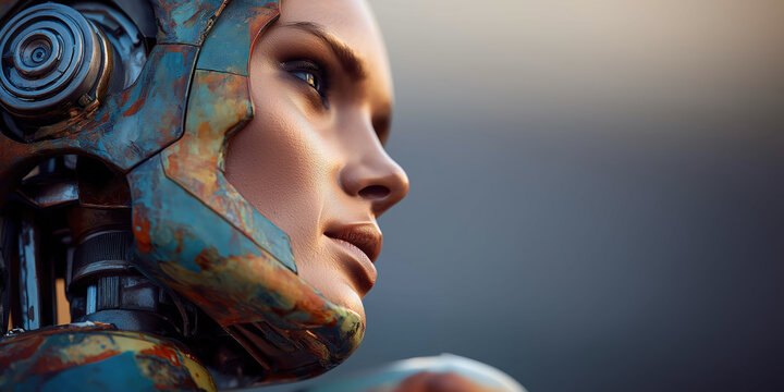 This close-up portrait showcases a female-like robot with realistic skin on her face and head, created by ai