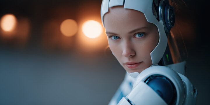 This close-up portrait showcases a female-like robot with realistic skin on her face and head, created by ai