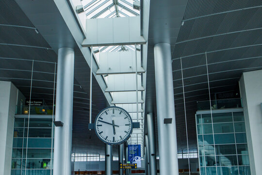 Hall of Copenhagen Kastrup international airport in Denmark. Modern minimalistic design of departure zone of big danish aero hub on 23rd of May, 2025 in Kastrup, Denmark