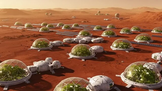 Futuristic Mars colony with dome habitats and sustainable agriculture in a red desert landscape