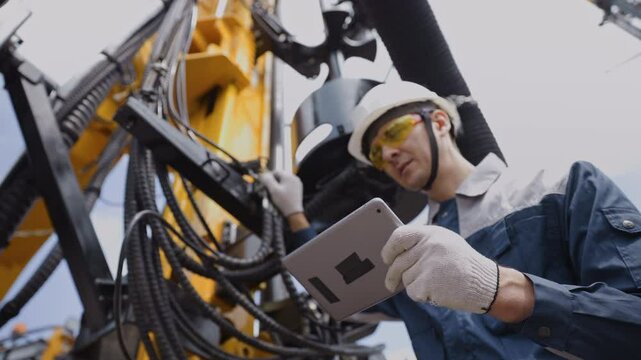 Offshore worker inspect with tablet drilling rig for exploration of minerals for oil, gas and artisan water. Concept smart online Industry.