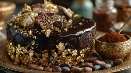 Delicious Chocolate Cake with Gold Leaf, Cocoa Beans, and Glaze