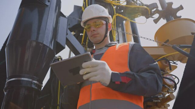 Concept smart online Industry, Offshore worker inspect with tablet drilling rig for exploration of minerals for oil, gas and artisan water.