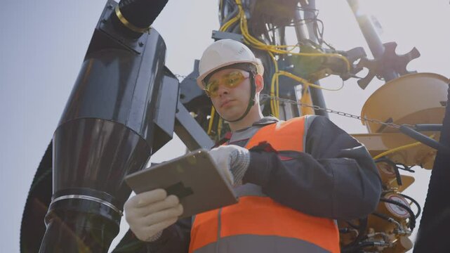Concept smart online Industry, Offshore worker inspect with tablet drilling rig.