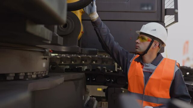 Worker mechanic checks hydraulic hoses of excavator with tablet computer. Man in hard hat industrial worker.