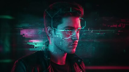 Futuristic portrait of a man with a digital glitch effect, neon colors and cyber look - Powered by Adobe
