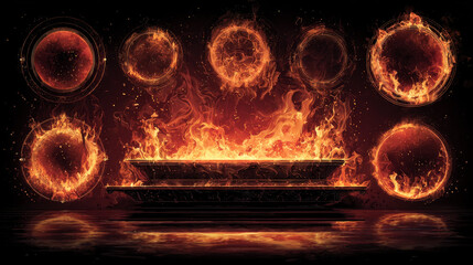 Burning fire frames collection - realistic flame border elements, red yellow smoke oval, rectangle and round fiery geometric shapes on black. Hot blazing light effect, ignite game design asset.
