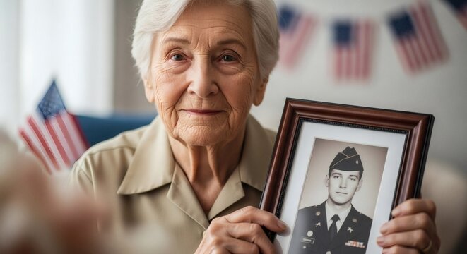 Patriotic remembrance elderly woman honoring a soldier through framed image