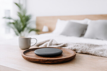 wireless charger on wooden nightstand bathed in soft morning light