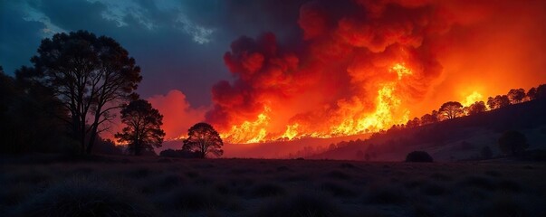 Fierce wildfire raging through a dry forest, consuming trees and shrubs, billowing smoke into the sky The intense flames illuminate the night , forest fire, global warming