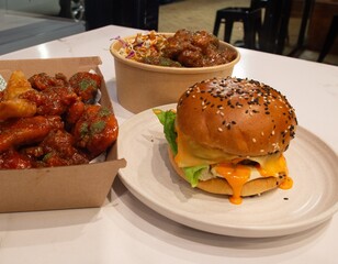 Korean deep dried chicken with sweet buns and spicy sauce.