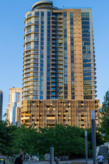 Skyscrapers, office buildings and hotels in the city skyline at Romare Bearden Park in uptown Charlotte North Carolina USA