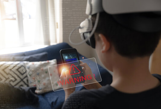 Kid using mobile smart phone login app game on AR glasses,Vr Headset with warning sign for Cyber security and data protection on internet safety for Password protected system and encrypted connection - Powered by Adobe
