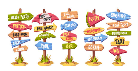 Beach signposts, direction road signs with cute creative arrows and lettering isolated cartoon set