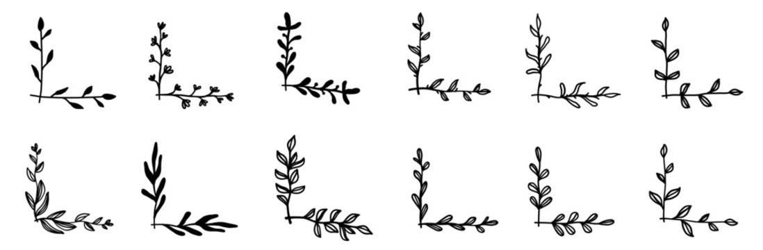 Simple floral border vector leaves ornament frame corner. Flourish vintage fancy natural wedding doodle sketch scribble collection. 