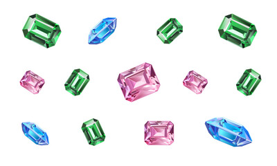 Gemstone Clipart Set – Emerald, Sapphire, and Pink Quartz – Vector Illustration on White Background