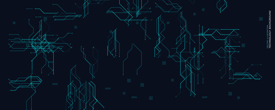 Technology Circuit Background With Abstract Digital Lines for cyber, innovation, and IT themes. Clean dark layout with geometric tech elements. Minimalist futuristic style. Vector illustration