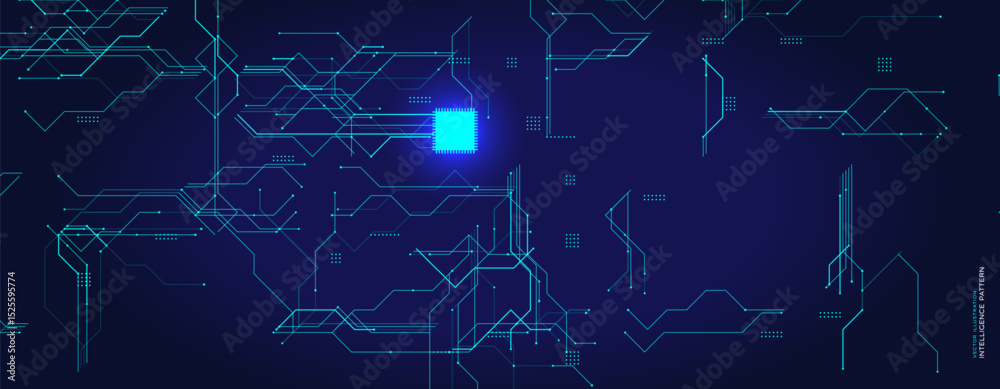 Aufkleber Technology Chip Circuit With Glowing Processor. Bright microchip element on futuristic digital background. Ideal for themes of AI, innovation, computing. Vector illustration