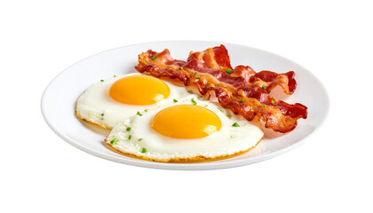 Two fried eggs with crispy bacon strips on white plate